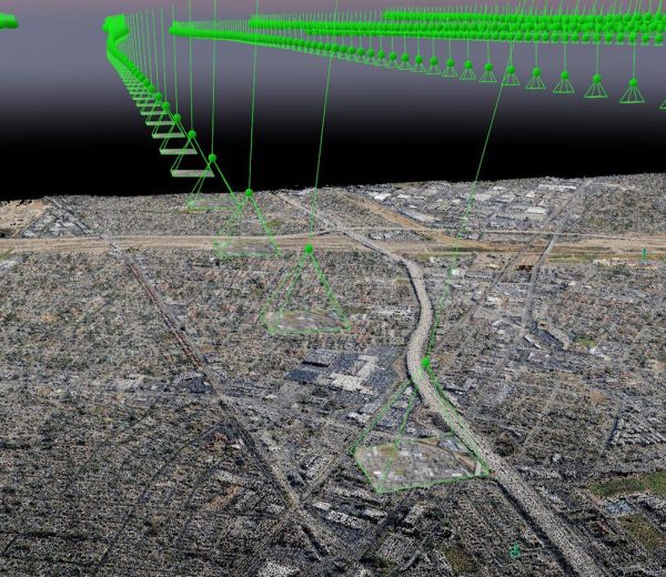 A 3 d image of the city with green lines drawn on it.